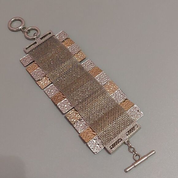 Artisan Mesh Bracelet Hammered Metal Inlay Dangling Chains Beads Toggle Clasp - Picture 4 of 6